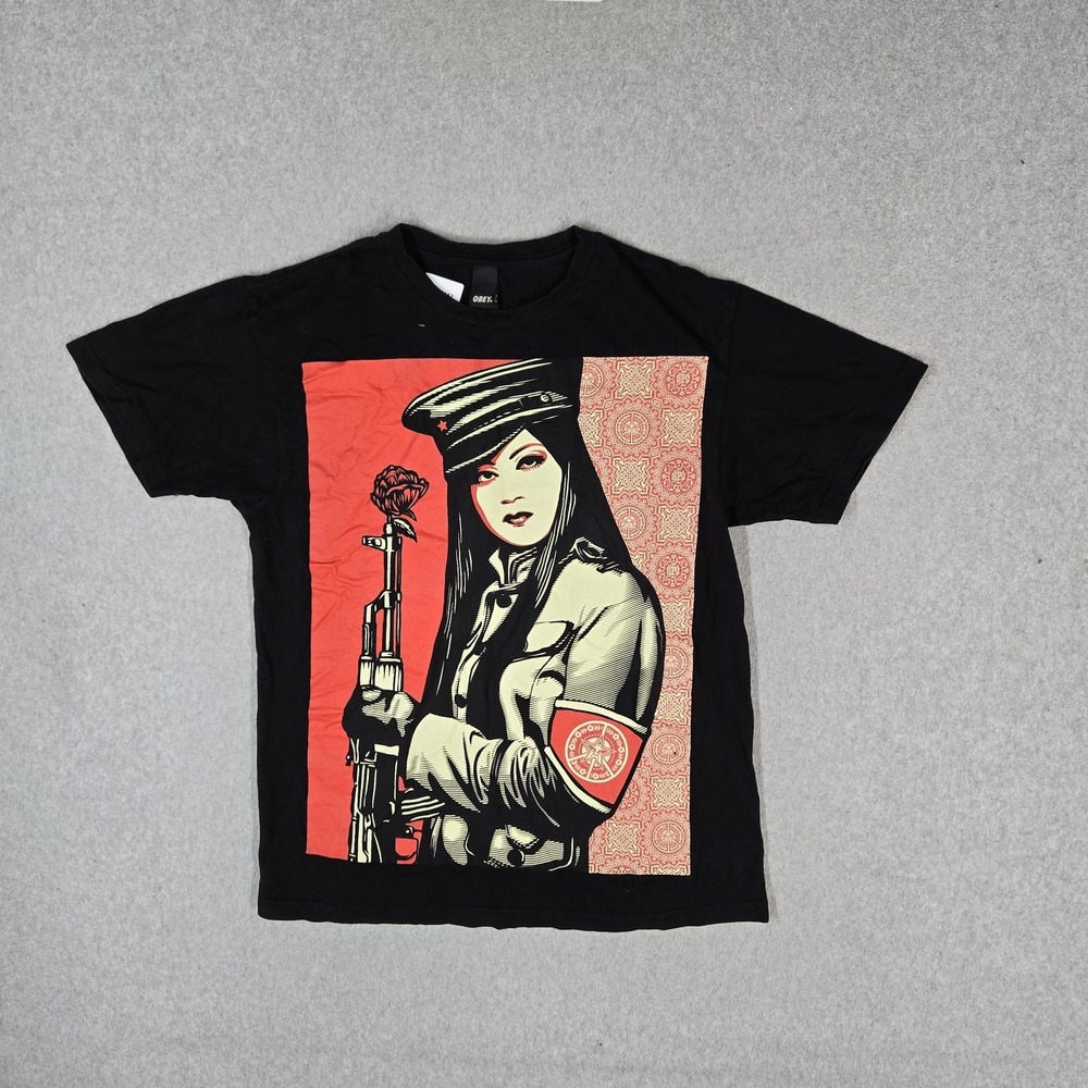 OBEY Men Shirt M Black Peace Guard Graphic Print Short Sleeve Crew Neck Tee
